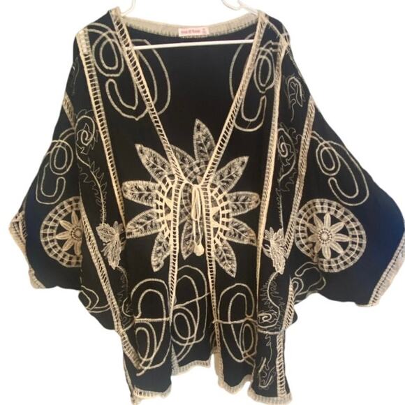 Ana & Rose Black Beige Embroidered Boho Kimono Cardigan 1X Festival Layer - Picture 2 of 4